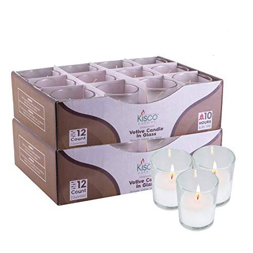 KISCO CANDLES: Votive Candles with Holders Clear Decorative Glass Home Decor, Beautiful Living Room, Kitchen, Bathroom Lighting | Long-Lasting Wax | 24-Pack (Clear, 10 Hour) - Very Good