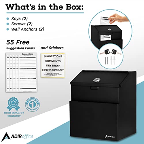 Adir Suggestion Box with Lock - Metal Donation Fundraising Ballot Prayer Box with 55 Free Suggestion Forms Cards & 2 Keys (Wall Mounted - Black) - Very Good