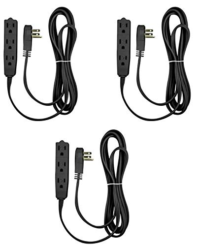 BindMaster 10 Feet Extension Cord/Wire, 3 Prong Grounded, 3 outlets, Angled Flat Plug, Black (3 Pack) - Like New