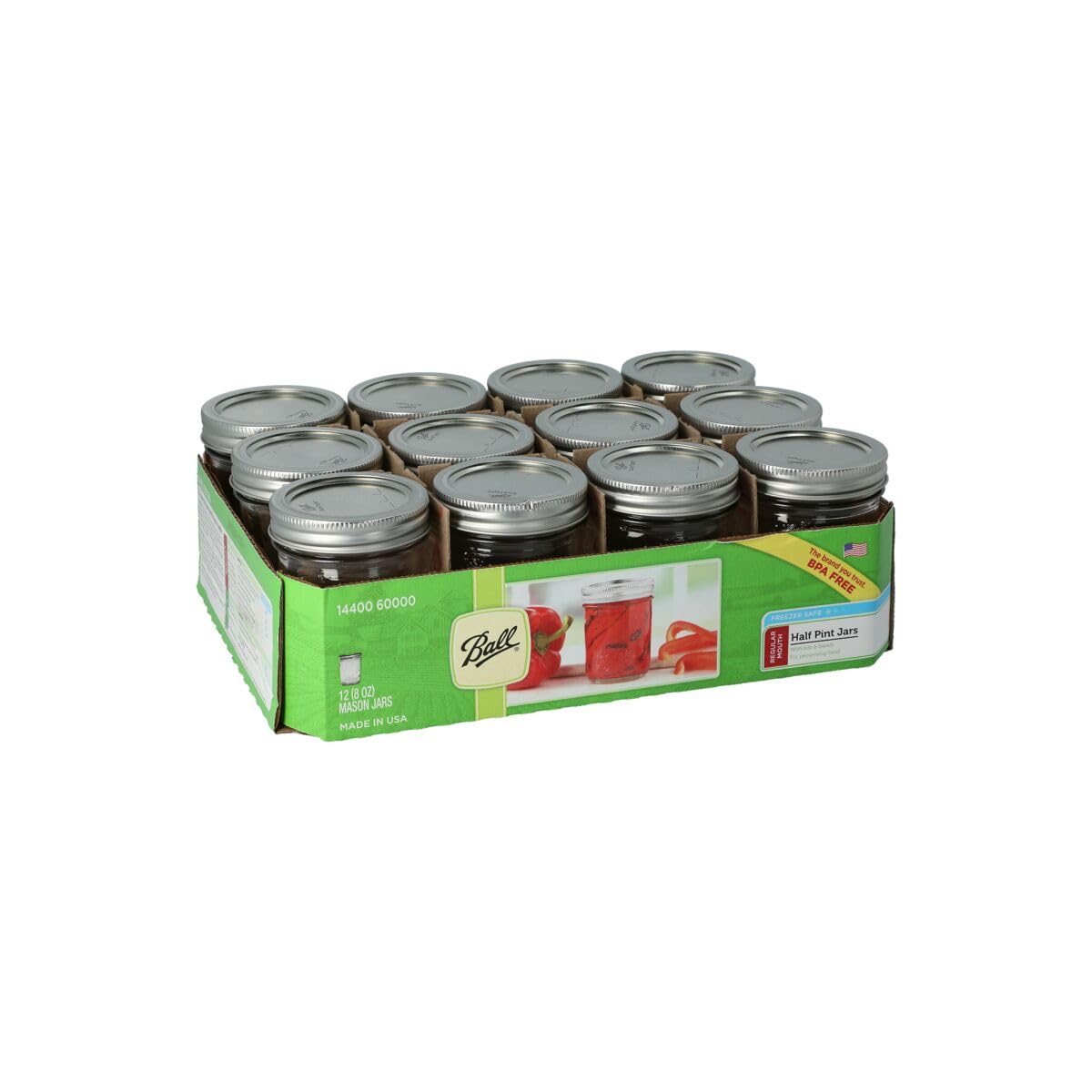 Ball Half Pint (8 oz.) Regular Mouth Glass Mason Jars w/ Cap - Set of 12 AEP - Like New