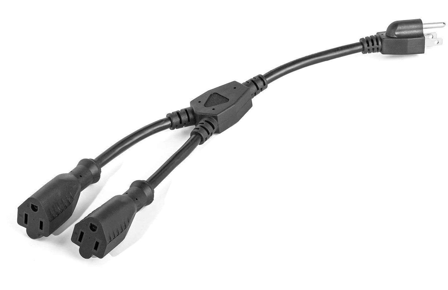 2 Way Power Splitter and 1' Extension Cord - 1 to 2 Cable Strip with 3 Pronged Outlet and Y Style Extension Cord – Black - SJT 16 AWG – by Luxury Office - Like New