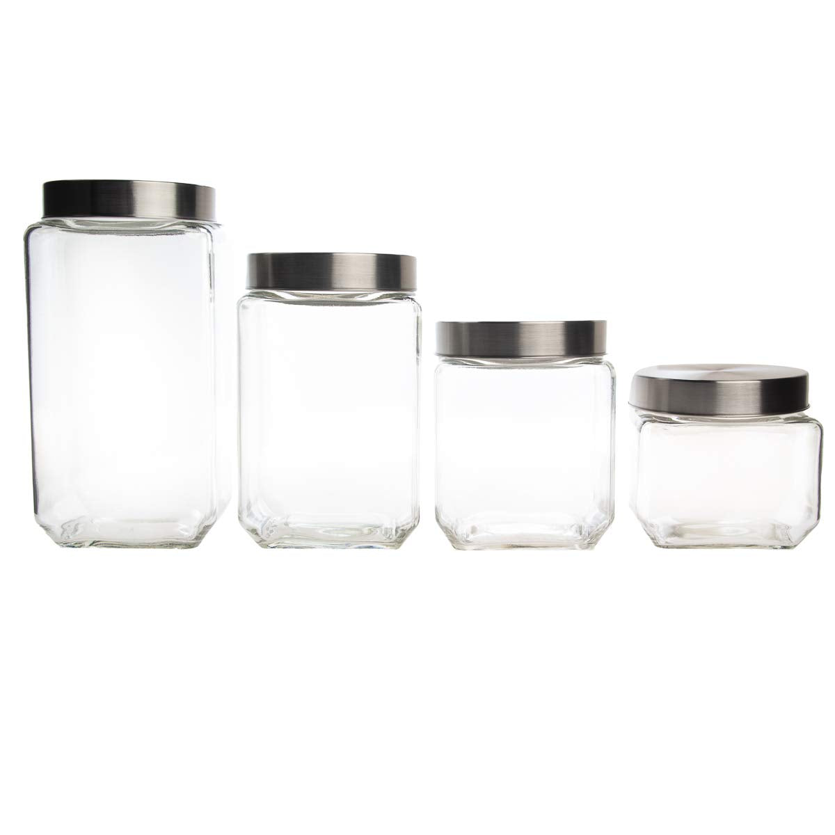 Farberware Set of 4 Variety Size Glass Canister Food Storage Container with Stainless Steel Lids � Beans Cereal Coffee Rice Flour Candy Sugar & More - Like New