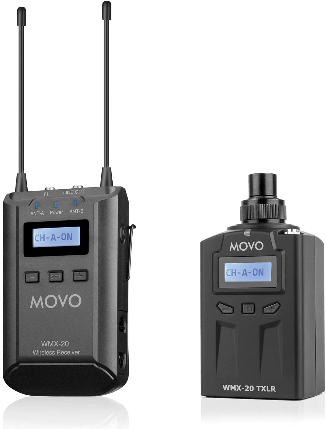 Movo WMX-20-RX-TXLR Wireless Microphone System with Plug-on XLR Transmitter Adapter and Portable Receiver - Converts Self Powered Shotgun Mics, Lavs, Dynamic Microphones to Wireless - for Stage, Film - Like New