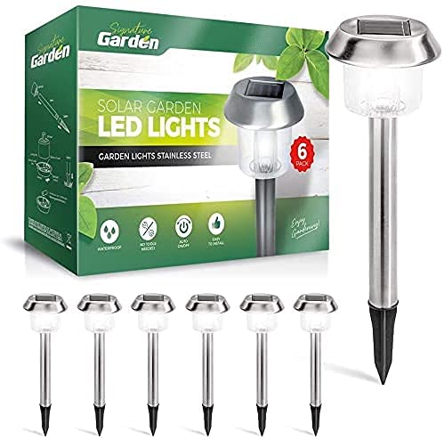 Signature Garden Premium Stainless Solar Garden Lights - Super-Bright 15 Lumens - Perfect Neutral Design; Makes Garden Pathways & Beds Look Great - Easy NO-Wire Installation; Water-Resistant - Like New