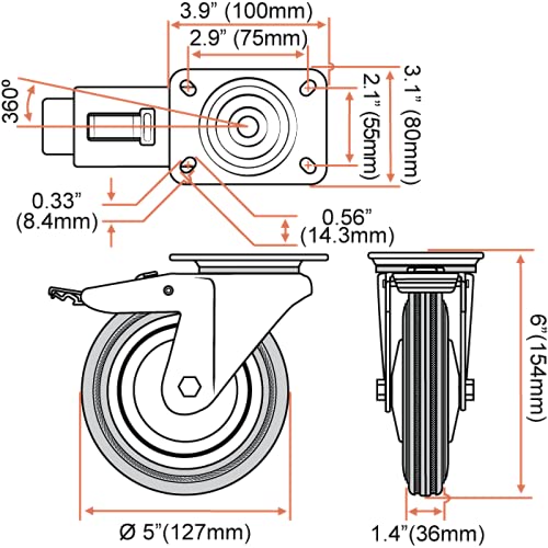Online Best Service 4 Pack 5" Swivel Caster with Brake Wheels Rubber Base with Top Plate & Bearing Heavy Duty - Like New
