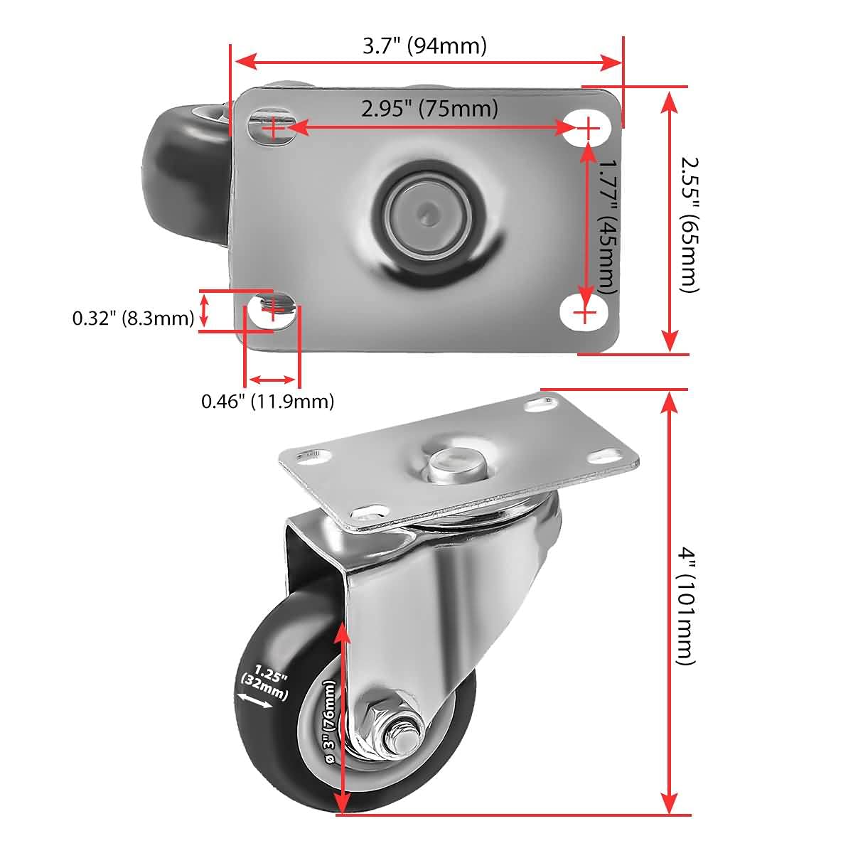 Caster Swivel Plate 4 w/Brake & 4 Plate Heavy Duty on Red PU Wheels with Heavy Duty Screws - Like New