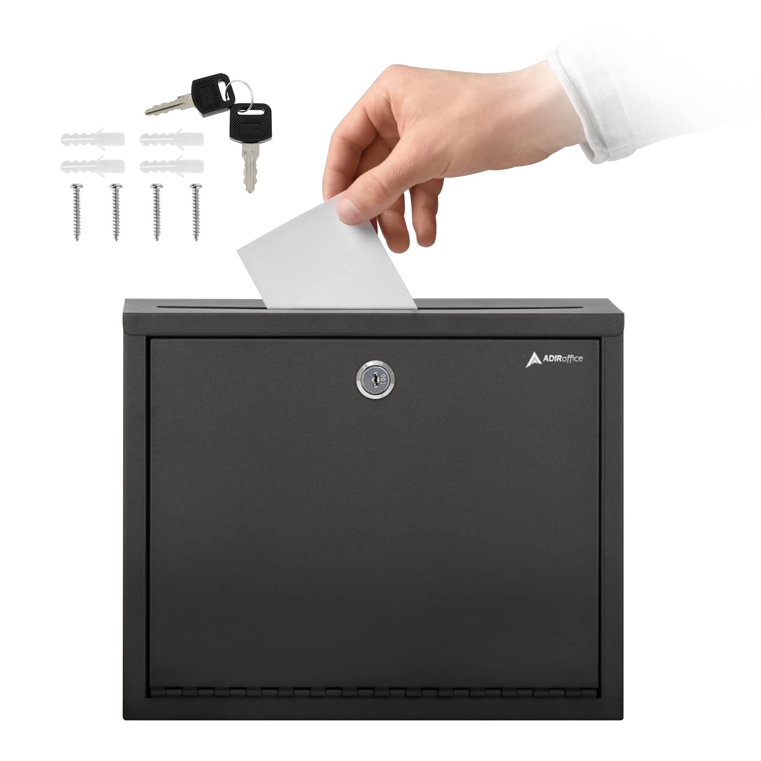 Adir Metal Suggestion Box with Lock and Slot, Wall Mount Deposit Box for Payments and Checks, Office Mail Box for Employees, Mailbox for House, Safe Drop Box with Keys - 3x10x12 Inch Black - Like New