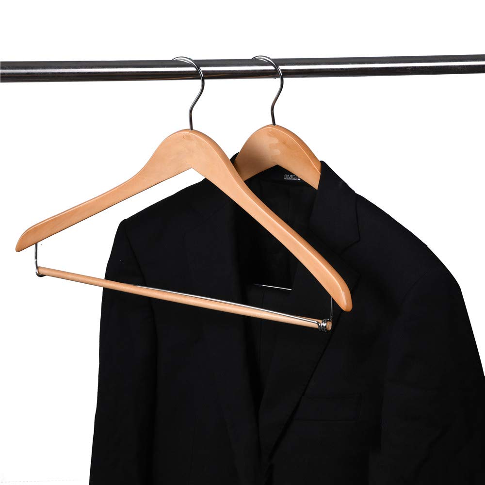 Quality Hangers 100 Pack Wooden Hangers Beautiful Sturdy Suit Coat Hangers with Locking Bar Glossy Natural Wood - Good