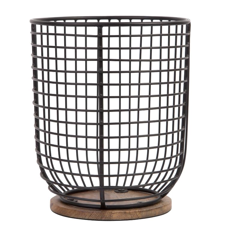 MosJos Extra Large Black Utensil Holder with Wooden Base - Farmhouse Utensil Storage - Wire Crock Kitchen Countertop Organizer - 7.2 x 6.2 Cooking Utensil Holder - Good