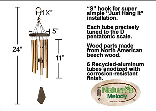 Nature’s Melody Premiere Grande Tunes Wind Chimes – Outdoor Windchime with 6 Tubes Tuned to E Pentatonic Scale, Rustproof Aluminum, Beech Wood & S Hook Hanger for Sympathy, Memorial Gift or Zen Garden - Acceptable