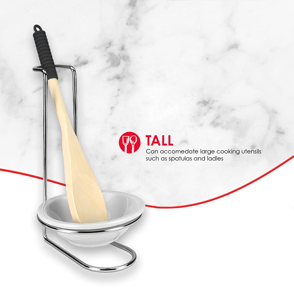 Home Basics Standing Spoon Rest with Ceramic Tray and Wooden Spoon, Spatula, Ladle Rest for Kitchen Countertops, Stove, Chrome - Like New