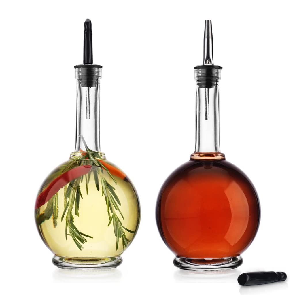 MosJos Oil and Vinegar Dispenser Set - 17 oz Ribbed Glass Olive Oil & Vinegar Cruet Set - Non-Drip, BPA-Free, Dishwasher Friendly Bottles with Stainless Steel Spouts - Good