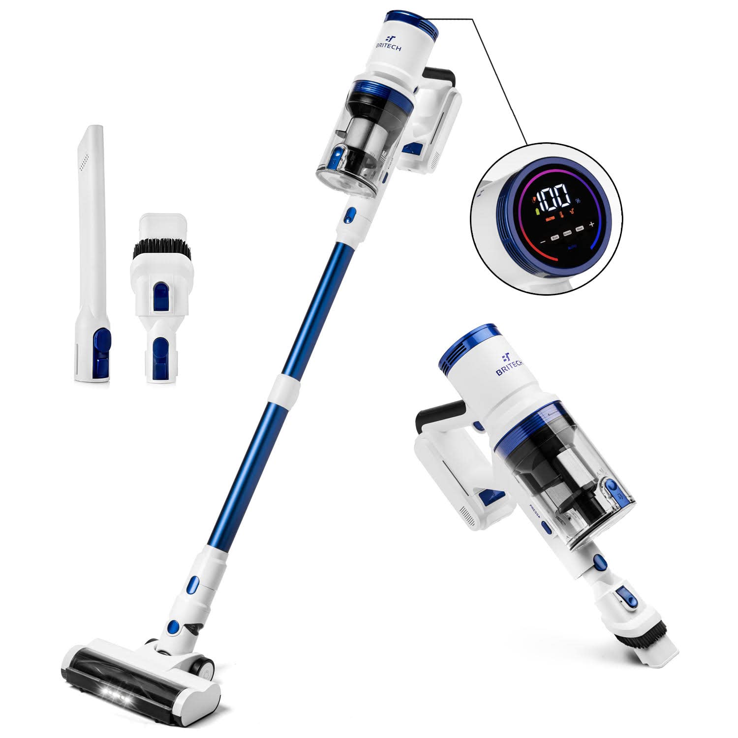 BRITECH Cordless Lightweight Stick Vacuum Cleaner, 300W Motor for Powerful Suction 40min Runtime, LED Display Screen & Headlights, Great for Carpet Cleaner, Hardwood Floor & Pet Hair (Blue) - Very Good