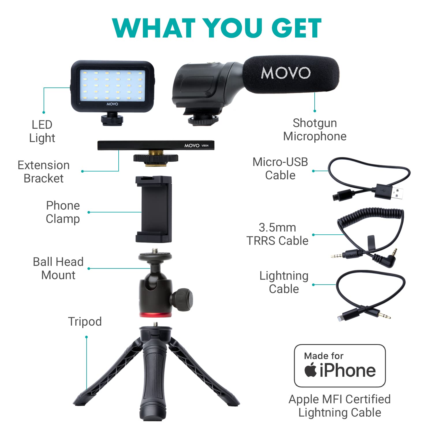 Movo iVlogger Vlogging Kit for iPhone - Lightning Compatible YouTube Starter Kit for Content Creators - Accessories: Phone Tripod, Phone Mount, LED Light and Shotgun Microphone - Acceptable