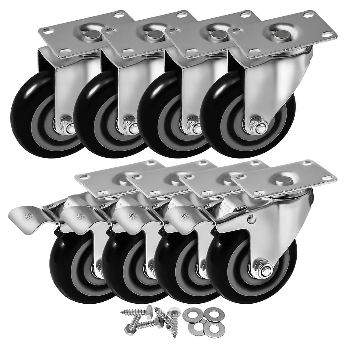 Caster Swivel Plate 4 w/Brake & 4 Plate Heavy Duty on Red PU Wheels with Heavy Duty Screws - Like New