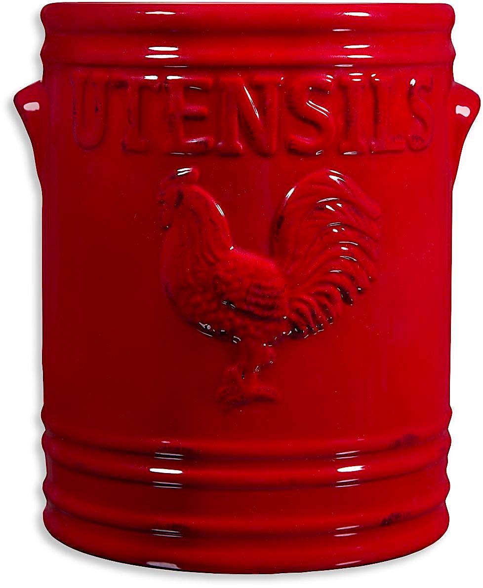 Home Essentials Rooster 7" H Utensil Crock Red W/Embossed Handles - Like New