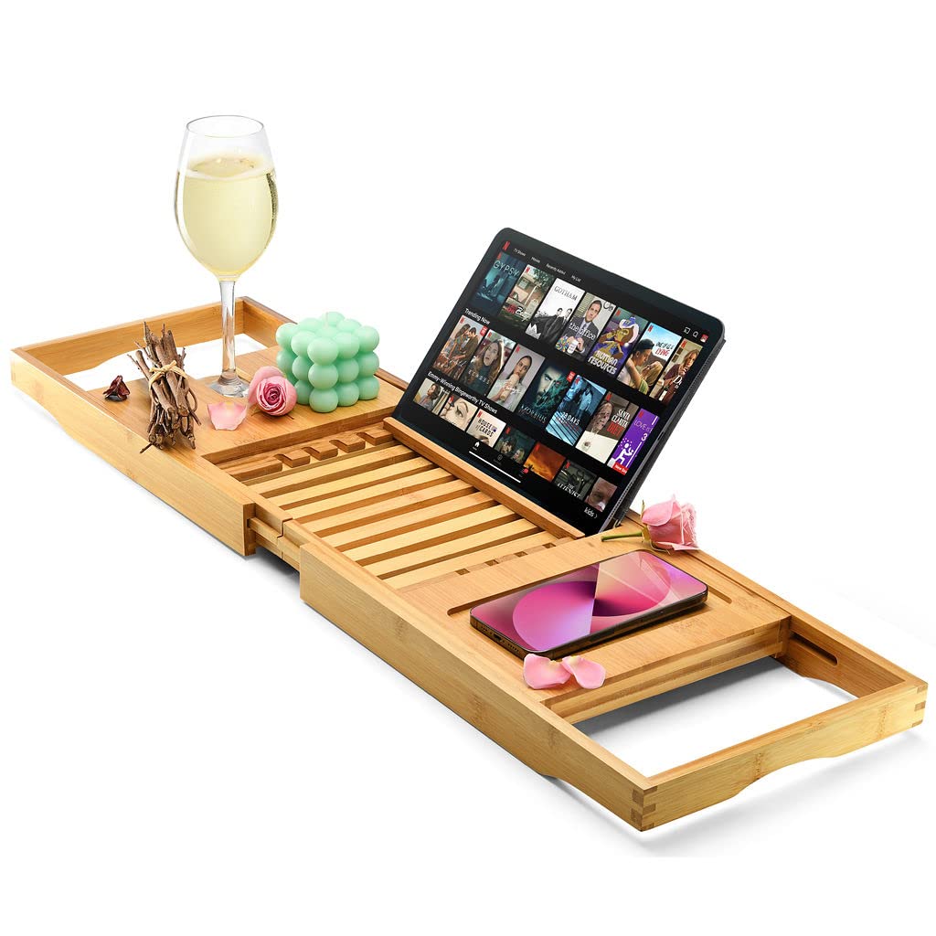 Luxury Foldable Bathtub Tray Caddy - Waterproof Wooden Bath Organizer for Wine, Book, Soap, Phone - Expandable Size Fits Most Tubs - Like New