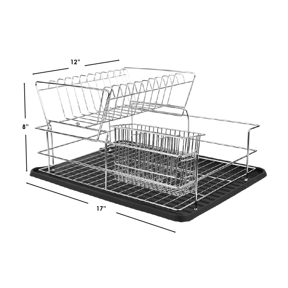 Home Basics Black Kitchen Sink Countertop 2 Tier Dish Rack and Draining Board Cutlery Holder, Fits Large Plates, Dry & Drip Tray, Full Mesh - Like New