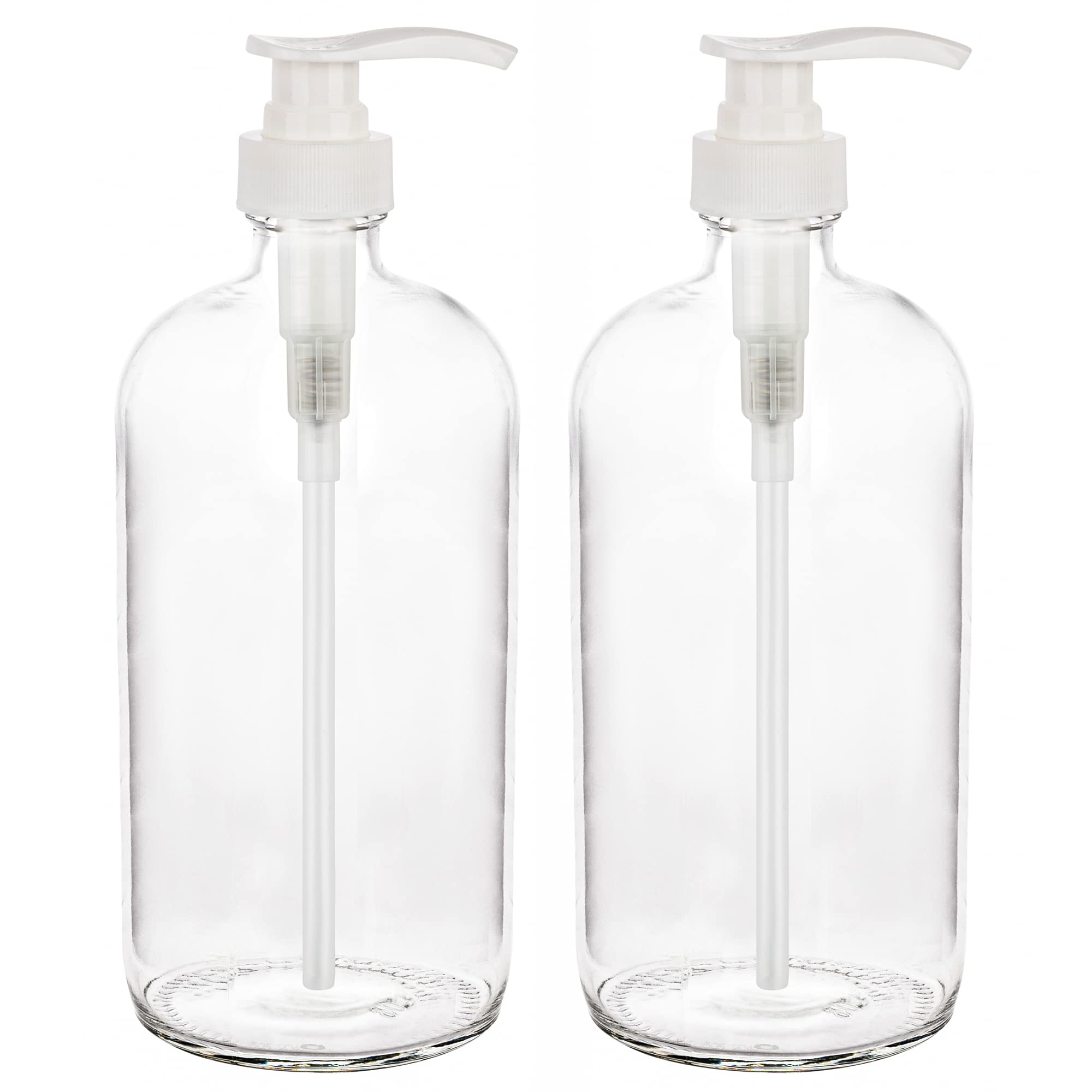 kitchentoolz 32-Ounce Large Clear Glass Boston Round Bottles w/Pumps. Great for Lotions, Soaps, Oils, Sauces - Food Safe and Medical Grade (Pack of 2) - Like New