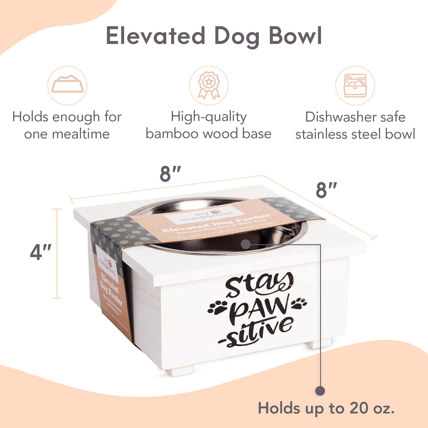 MosJos Elevated Feeding Pet Bowl - Dog, Puppy Supplies, Water Feeder with Stainless Steel Anti Slip Feet Tray, 8� Pet Bowl Features Black Text Design, for Pets and Puppies. Dishwasher Safe. - Like New