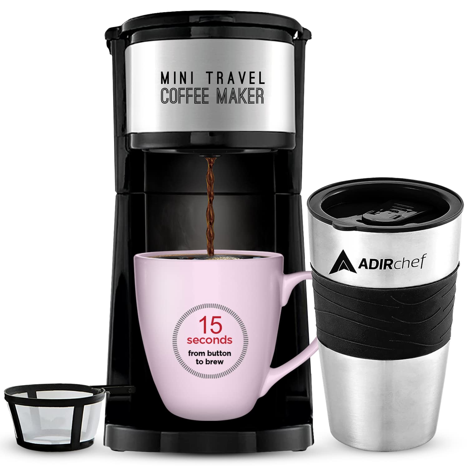 AdirChef Mini Travel Single Serve Coffee Maker & 15 oz. Travel Mug Coffee Tumbler & Reusable Filter for Home, Office, Camping, Portable Small and Compact for Fathers Day (Black) - Acceptable