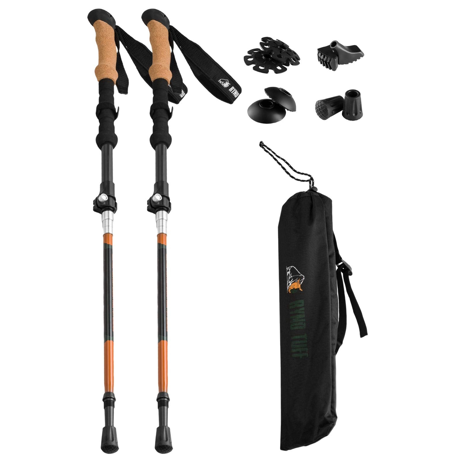 Ryno Tuff Trekking Poles, Fits Inside A Backpack, Durable 7075 Aluminum Hiking Pole with Natural Cork Handles and EVA Grips, Ultralight, Expandable, Collapsible and Foldable, Set of 2 Walking Sticks - Like New