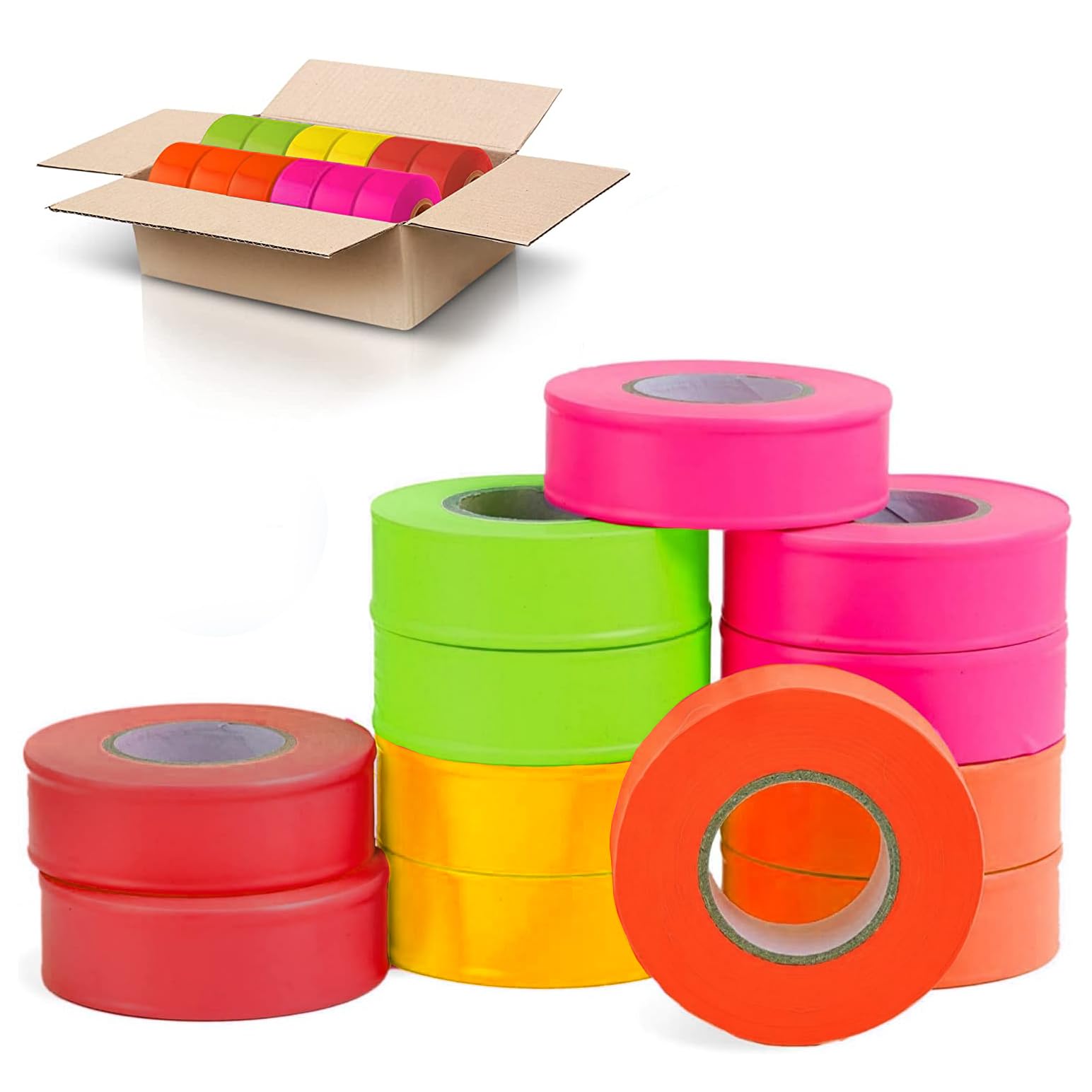 AdirPro 12 Pack Fluorescent Flagging Tape - Multipurpose Neon Marking Tape - Great Visual Labeling & Tagging for Home & Workplace Use - Like New