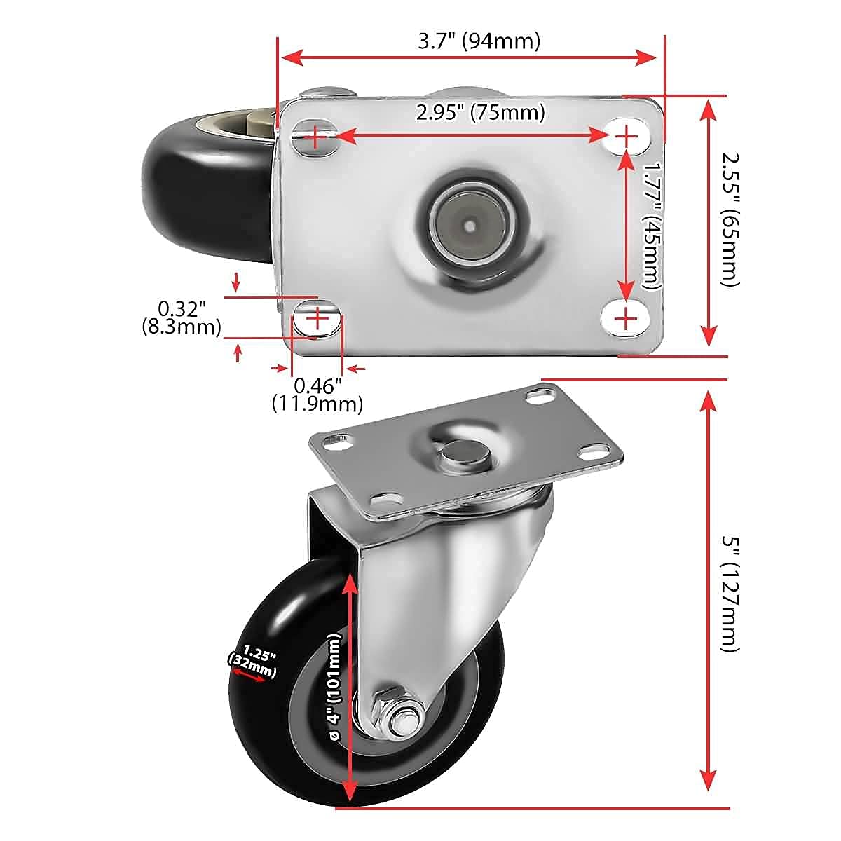 Caster Swivel Plate 4 w/Brake & 4 Plate Heavy Duty on Red PU Wheels with Heavy Duty Screws - Like New