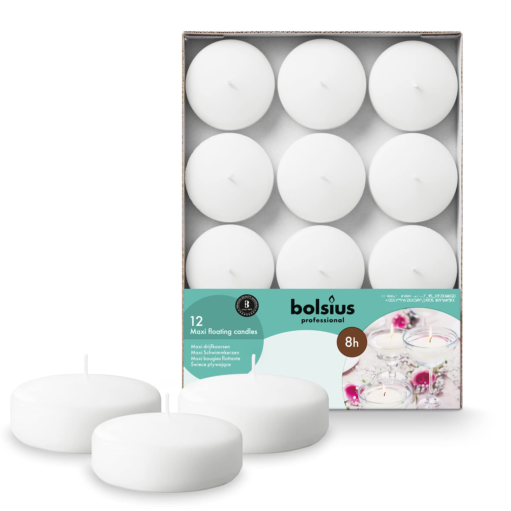 BOLSIUS White Floating Candles 3 Inch - Set Of 12 Maxi Candles - 8 Hour Clean Burning - Palm Oil Free - 0% Animal Fat - Premium European Quality - Very Good