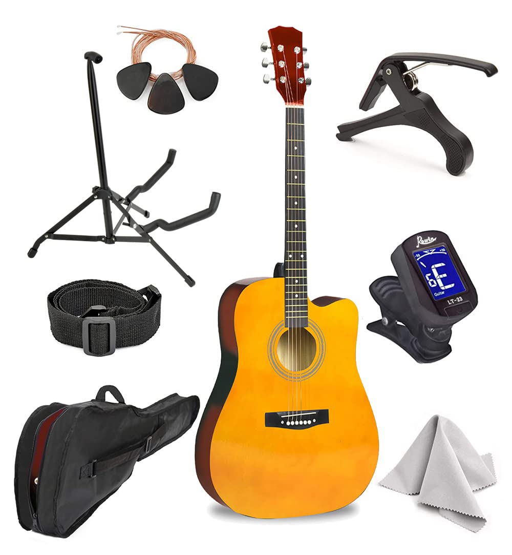 Master-play Beginner Full Size 41� Wood Cutaway All String Acoustic Guitar, With Bonus Accessories Kit; Case, Strap, Capo, Extra Strings, Picks, Tuner, Wash Cloth, Stand (Wood) - Very Good