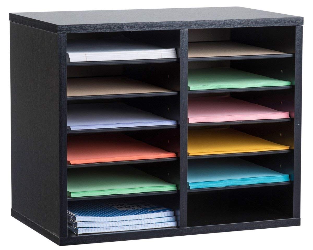 AdirOffice Adjustable Literature Organizer - Wooden Student Classroom Mailbox, Office Mail Sorter, Organization Storage Slots, Construction Paper Holder, Craft Paper Mailboxes (12 Slot, Black)  - Like New
