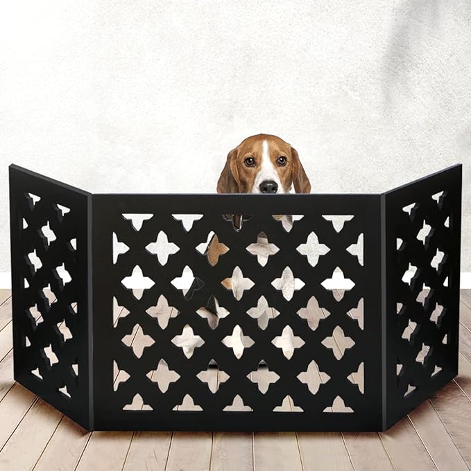 Bundaloo Freestanding Dog Gate Expandable Decorative Wooden Fence for Small to Medium Pet Dogs, Barrier for Stairs, Doorways, & Hallways