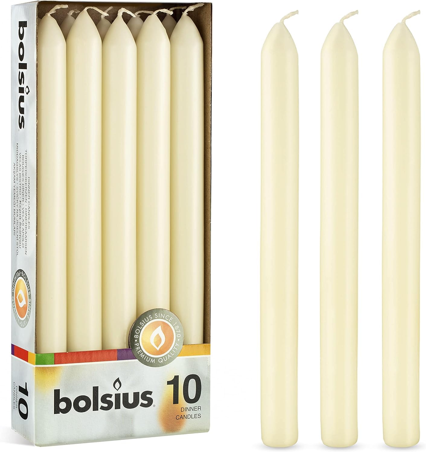 BOLSIUS Ivory Dinner Candles - 10 Pack Unscented 9 Inch Straight Taper Candle Set - 8 Hour Burn Time - Premium European Quality - Smokeless And Dripless Household, Spa, Wedding, And Party Candlestick - Good