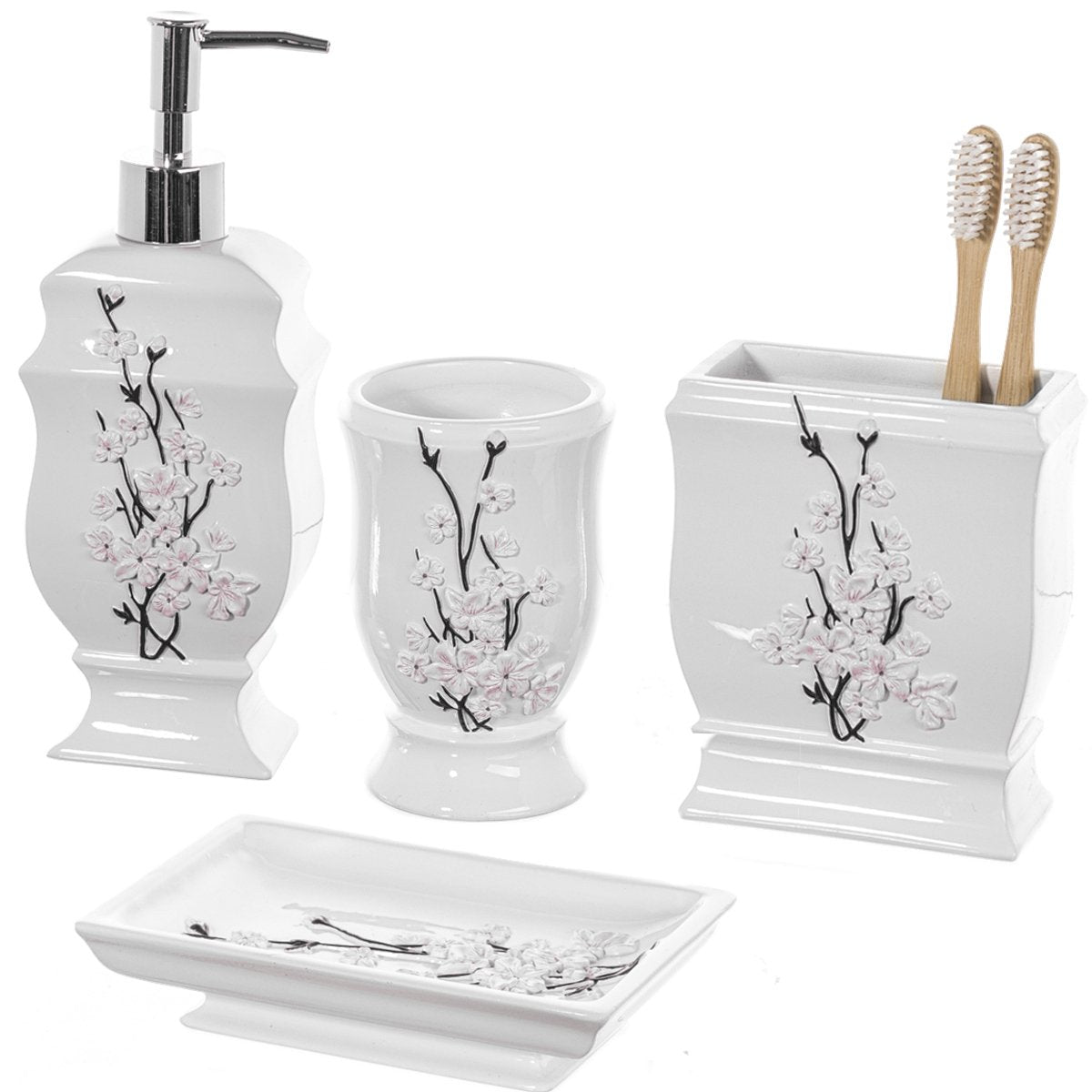Creative Scents White Bathroom Accessories Set - Decorative 4 Piece Bathroom Set - Cherry Blossom Bathroom Accessory Set Includes: Soap Dispenser, Toothbrush Holder, Tumbler and Soap Dish (Vanda) - Like New