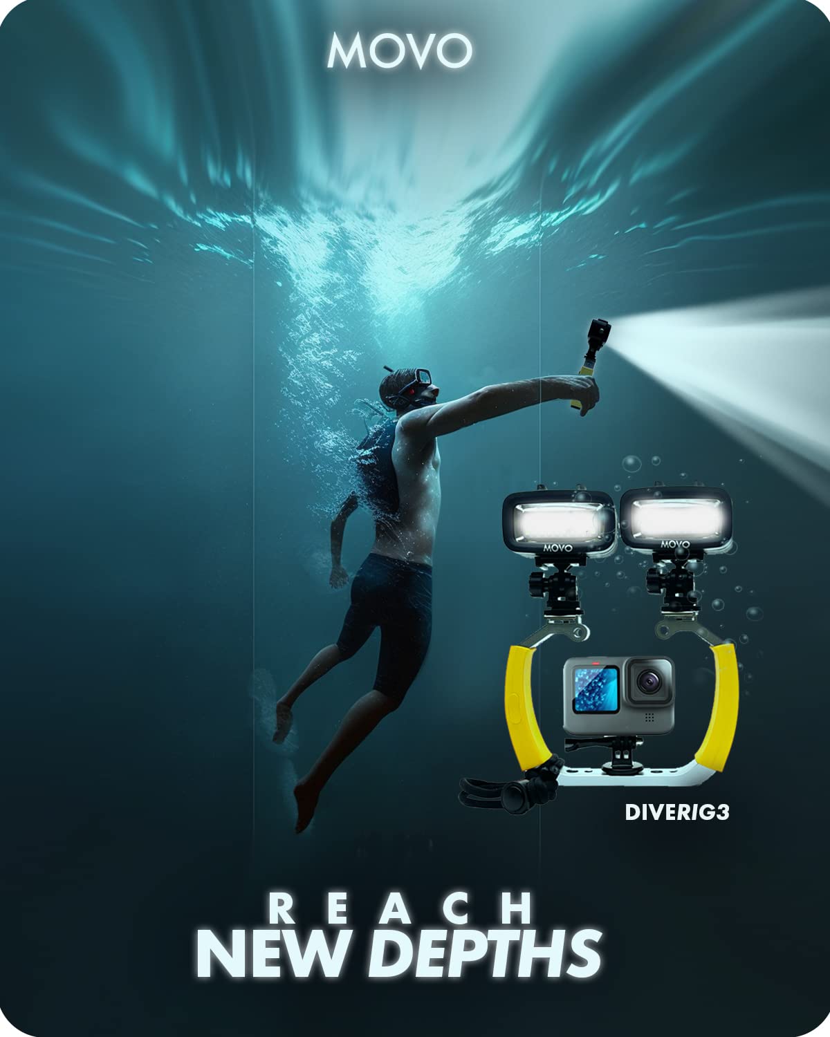 Movo DiveRig3 Diving Rig Bundle with 2 Waterproof LED Lights - Compatible with GoPro HERO3, HERO4, HERO5, HERO6, HERO7, HERO8, and DJI Osmo Action Cam - Scuba Accessories for Underwater Camera - Very Good