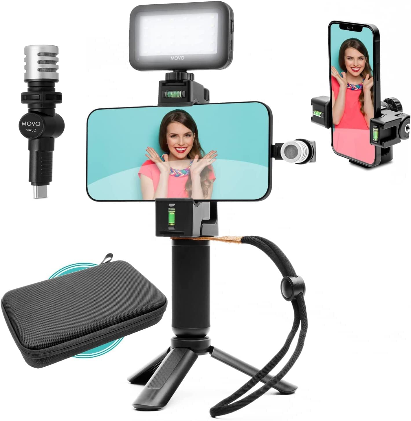 Movo uVlogSK Starter Kit for Content Creators - Smartphone Video Vlogging Kit for Android and USB-C Devices - Includes USB-C Microphone, LED Video Light, Phone Holder, Grip, and Mini Tripod - Acceptable