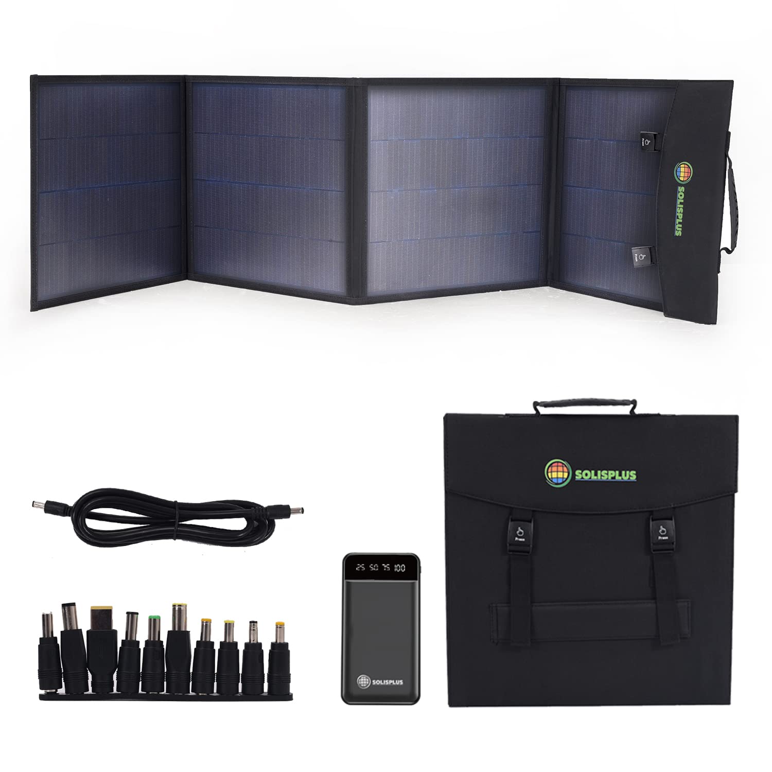 100 Watt Portable Solar Panel for Camping with Power Bank - Foldable ETFE Lightweight Solar Panel with 1 USB QC 3.0 5V/3A , 1 USB 5V/3A, DC5525 plus 10 DC connectors - Includes 10000mAh Power Bank  - Like New