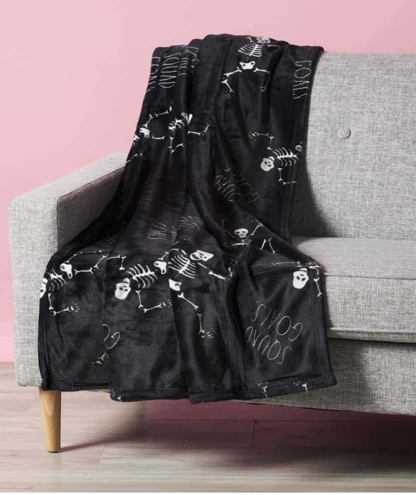 Rae Dunn Halloween Blanket Squad Goals and Skeleton Design/Black 50 in x 70 in Plush Blanket - Like New