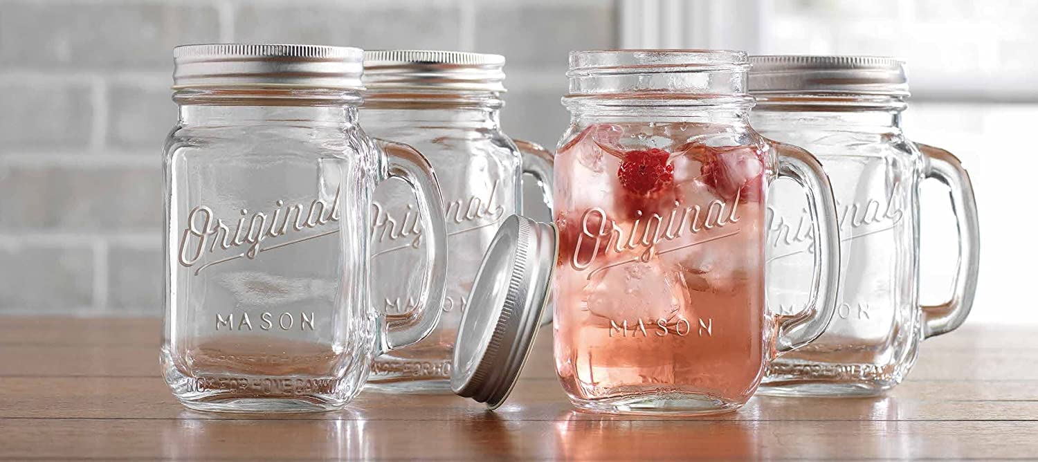 Glaver's Mason Jar 16 Oz. Glass Mugs with Handle and Lid Set Of 6 Old Fashioned Drinking Glass Bottles Original Mason Jar Pint Sized Cup Set. - Acceptable