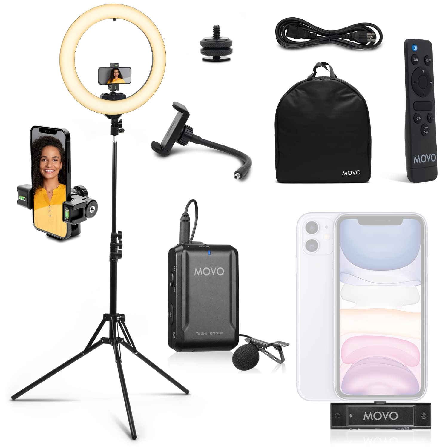 Movo Creator Video Kit with VGC-30 LED Ring Light, Tripod Stand, and Edge-DI Wireless Lavalier Microphone for iPhone- Selfie Ring Light with Tripod Stand - Complete iPhone Wireless System for Vlogs - Very Good