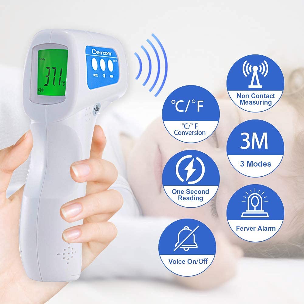 Berrcom Non Contact Infrared Forehead Thermometer for Adults, Kids, Baby - Medical Grade Digital Termometro Fever Check Temperature JXB-178 - Includes 5 Face Masks Bundle (Batteries Not Included) - Like New