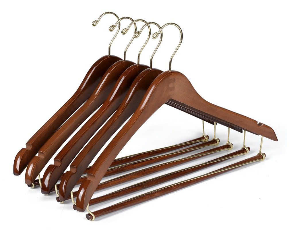 Quality Hangers Wooden Hangers Beautiful Sturdy Suit Coat Hangers with Locking Bar Gold Hooks - Like New