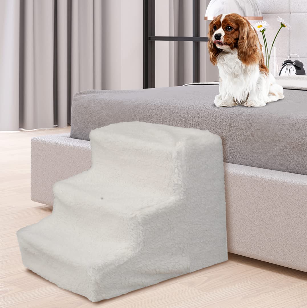 Bundaloo Dog Stairs for High Beds, Steps for Smaller Pets with Removable and Washable Cover, No Tools Required (White) - Very Good