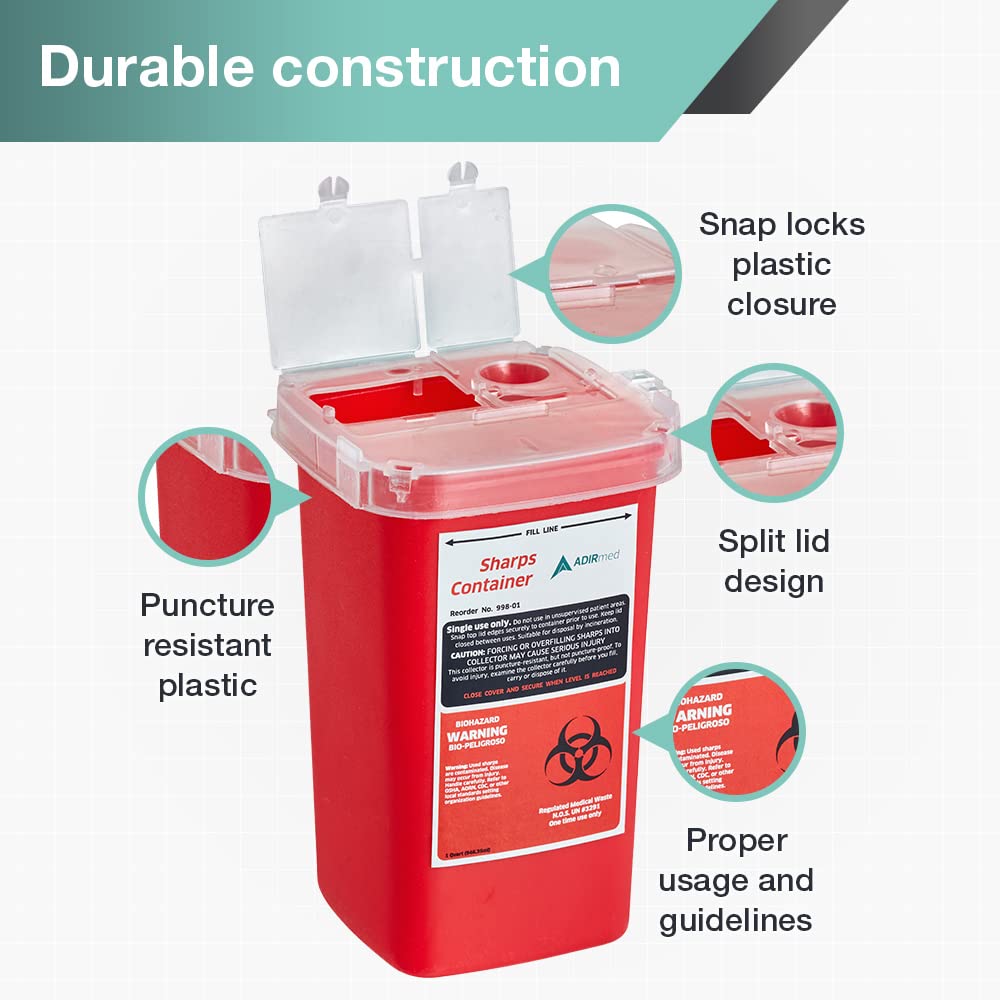 AdirMed Sharp Needle Disposal Container for Home, Clinic, Office, Barber Use with Flip-Open Lid (1 Quart -1 Pack) - Like New
