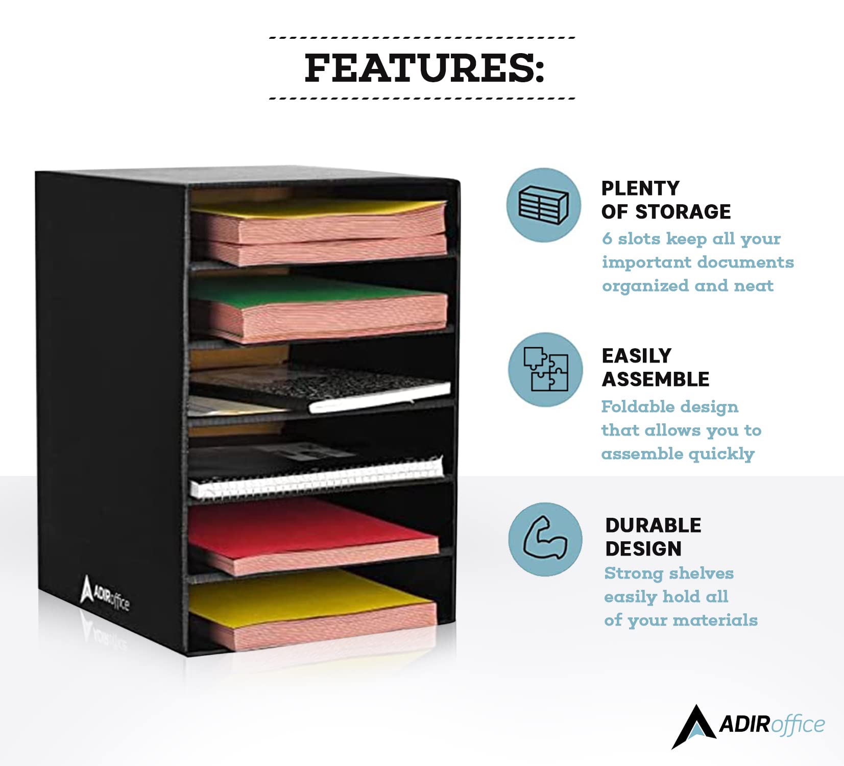 AdirOffice Paper Storage Organizer 6 Slot Cardboard Construction Paper Shelf Organizer for Home, School, Classroom, or Office Multifunctional Storage for Documents, Mails, Books, Files, and More - Like New