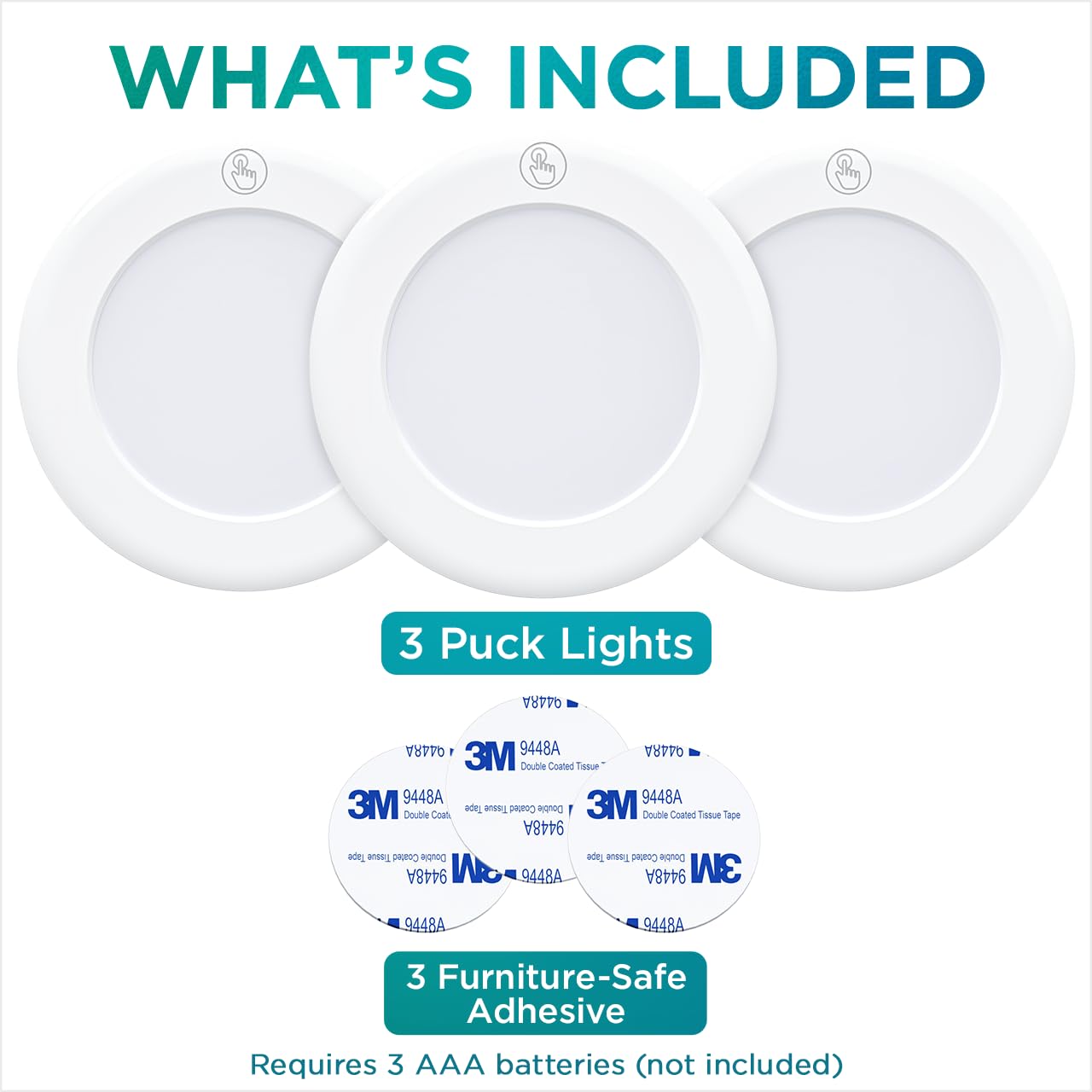 Brilliant Evolution Wireless LED Puck Light 3 Pack, Under Cabinet Lighting, Closet Lights, Kitchen Sink/Shelf Lights, Battery Powered, Stick On Push/Tap Lights - Under Cabinet Lights Wireless - Good