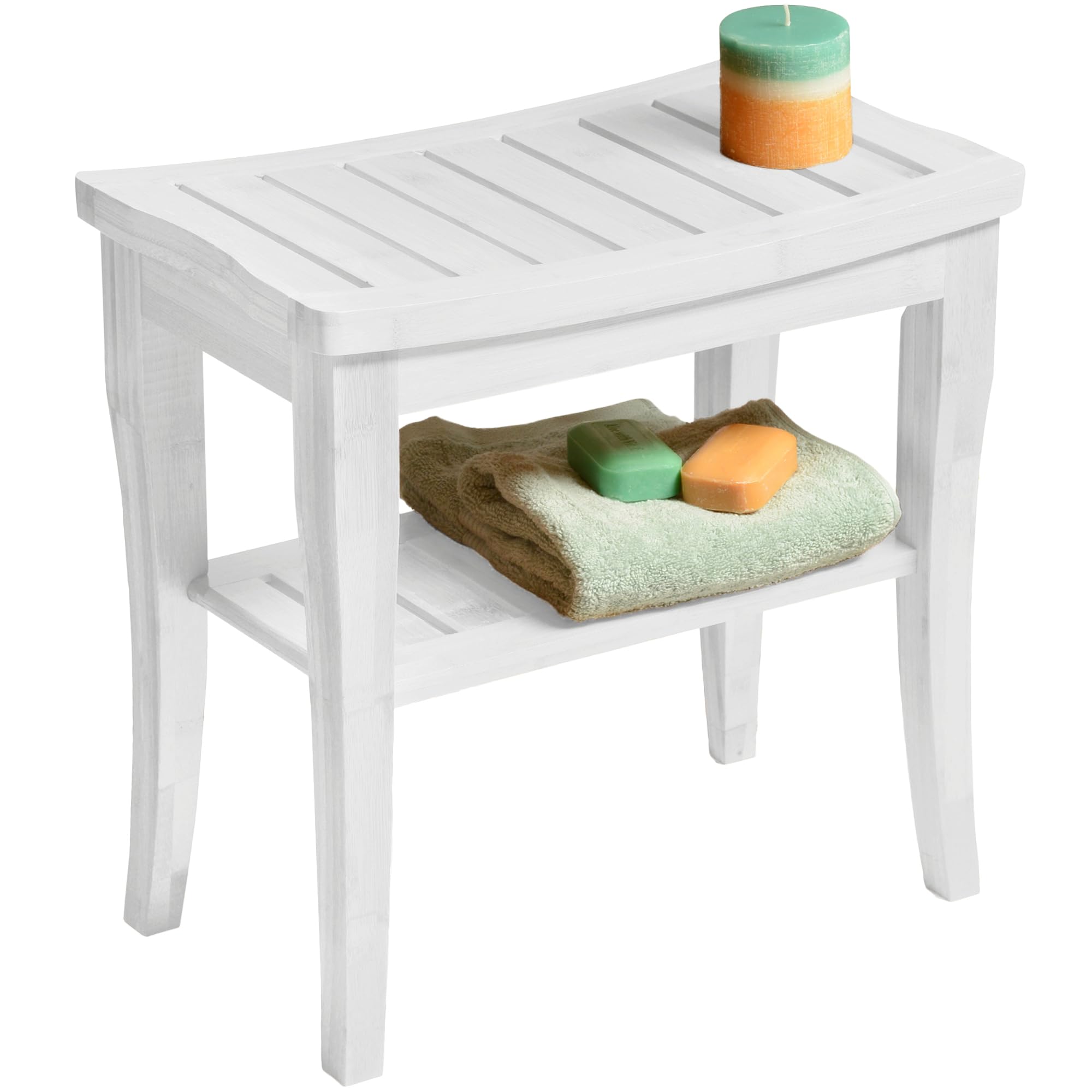 Bamboo Shower Bench Spa Stool - Wood 2-Tier Seat, Foot Rest Shaving Stool with Non-Slip Feet + Storage Shelf - Seat or Organizer for Bathroom, Living Room, Bedroom and Garden D�cor (White)  - Acceptable