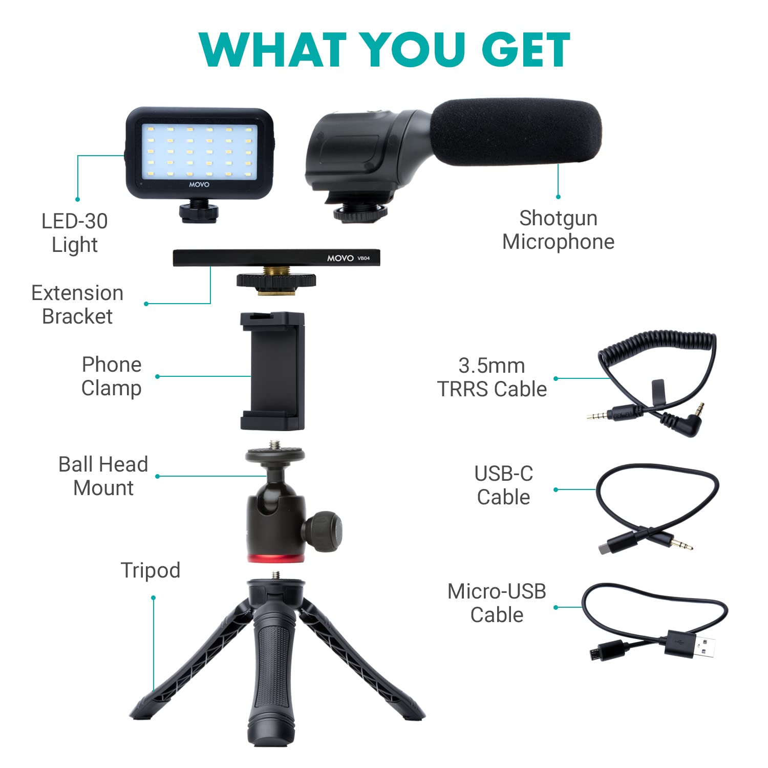 Movo uVlogger- Android/USB-C Compatible Vlogging Kit Phone Video Kit Accessories: Phone Tripod, Phone Mount, LED Light and Cellphone Shotgun Microphone for Phone Video Recording for YouTube, Vlog - Like New