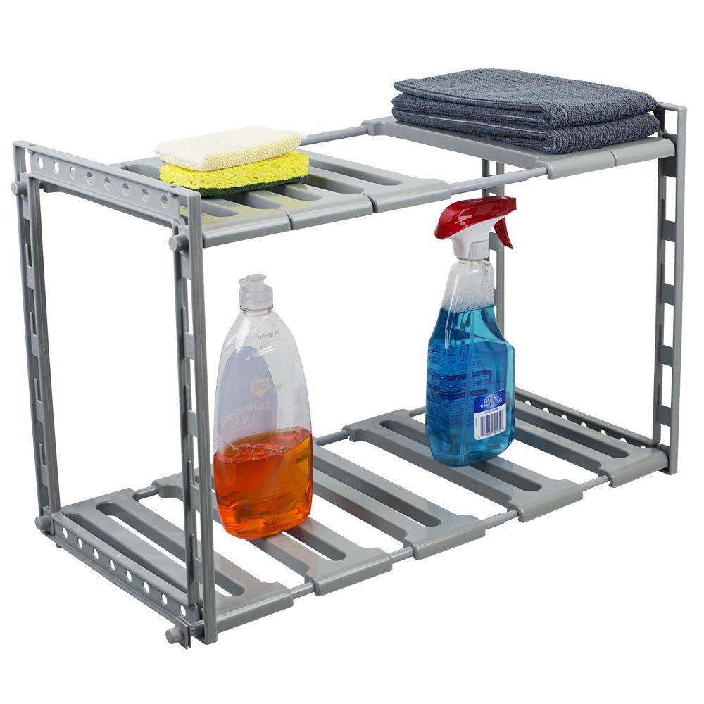 Home Basics 2 Tier Adjustable Multi-Functional Plastic Under Sink Organizer, Grey - Very Good
