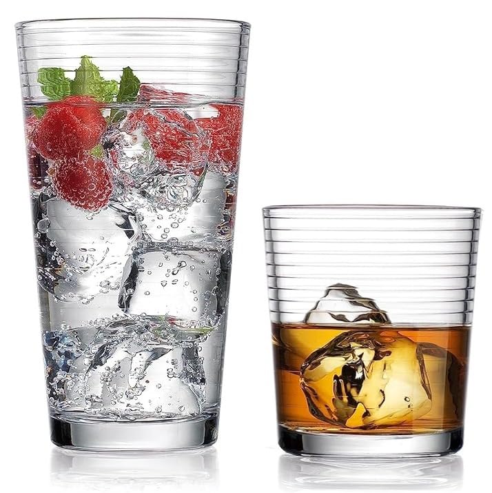 Glaver's Drinking Glasses, Ribbed Designs, Ideal for Water, Juice, Cocktails, and Iced Tea. Dishwasher safe - Like New